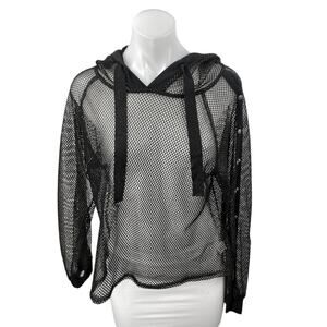 Love J Women's Black Fish Net Snap Button Long Sleeve Sheer Hoodie Cover Up Sz L